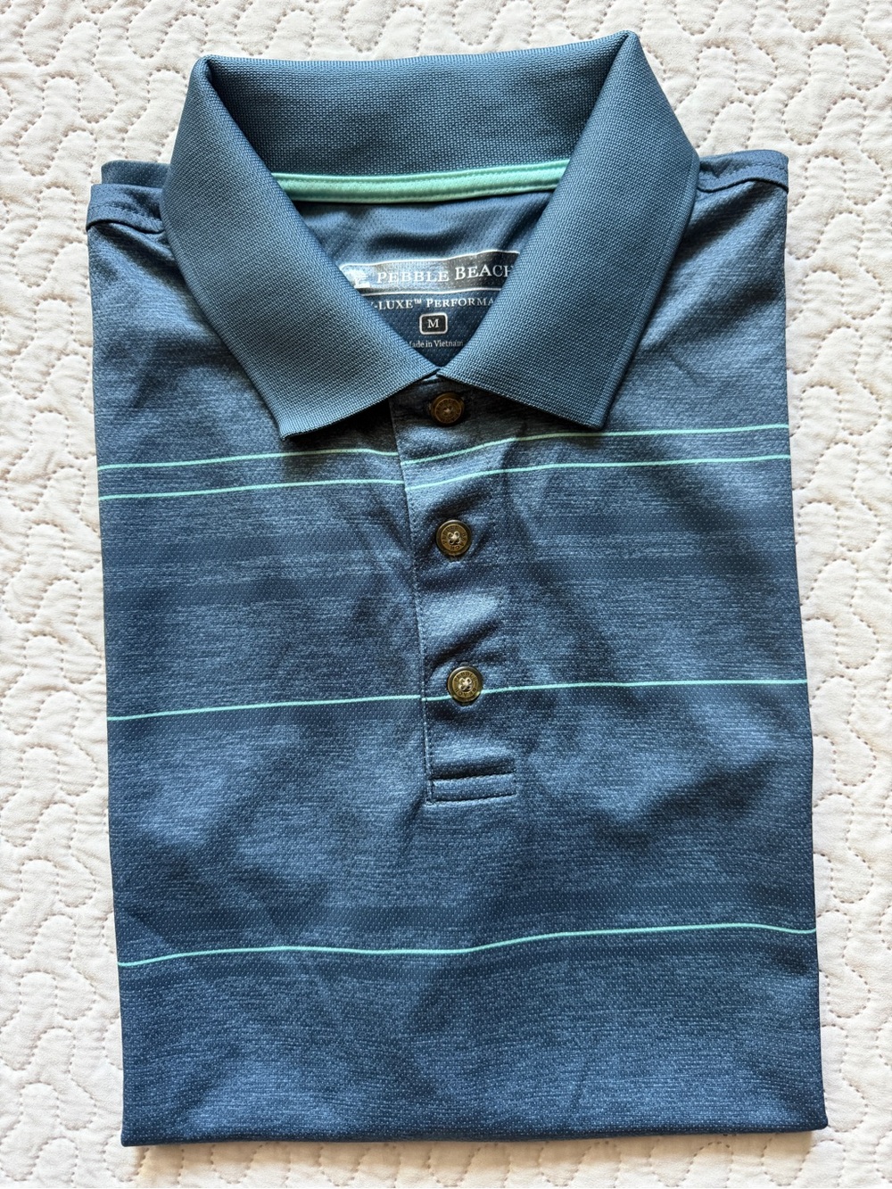 Pebble Beach Dry-Luxe Men’s Medium Blue Striped Performance Golf Polo Shirt